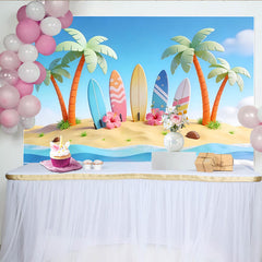Lofaris Toile de fond de photographie plage et surf dessin animé avec palmiers, arrière-plan estival coloré pour studio photo