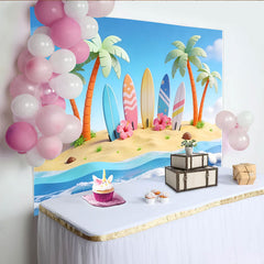 Lofaris Toile de fond de photographie plage et surf dessin animé avec palmiers, arrière-plan estival coloré pour studio photo