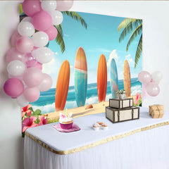 Lofaris Toile de fond de photographie plage tropicale avec planches de surf, magnifique arrière-plan d'été pour studio photo et vacances