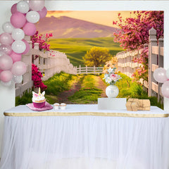 Lofaris Toile de fond paysage de printemps avec clôture blanche et fleurs roses, décor naturel verdoyant pour séance photo