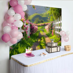 Lofaris Toile de fond de photographie chemin fleuri avec clôture blanche et fleurs roses, arrière-plan idyllique pour studio et événement