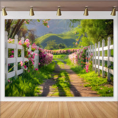 Lofaris Toile de fond de photographie chemin fleuri avec clôture blanche et fleurs roses, arrière-plan idyllique pour studio et événement