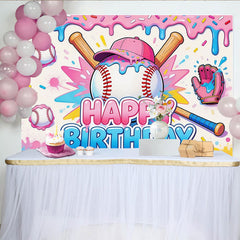 Lofaris Toile de fond baseball joyeux anniversaire rose et bleu, décor de fête pour enfants avec gant et confettis
