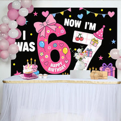 Lofaris Toile de fond joyeux anniversaire 7 ans avec gâteaux et ballons, décor de fête d'enfants noir et coloré pour séance photo