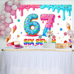 Lofaris Toile de fond donuts et bonbons pour anniversaire avec chiffres 6 et 7, arrière-plan coloré pour fête d'enfants et séance photo