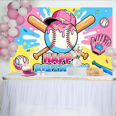 Lofaris Toile de fond pour anniversaire baseball coloré avec batte et gant, arrière-plan de fête joyeux anniversaire pour enfants