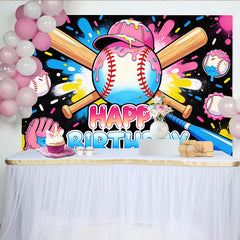 Lofaris Toile de fond pour anniversaire thème baseball avec battes et balles colorées, magnifique décor de fête pour studio photo et photomaton