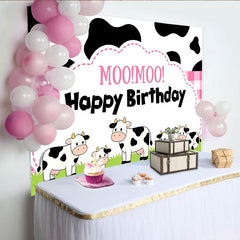 Lofaris Toile de fond joyeux anniversaire ferme avec vaches et rose, arrière-plan de fête pour enfants ou séance photo