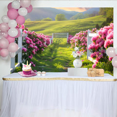 Lofaris Toile de fond de photographie paysage fleuri avec clôture blanche et fleurs roses, magnifique arrière-plan verdoyant pour studio photo