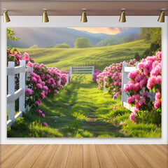 Lofaris Toile de fond de photographie paysage fleuri avec clôture blanche et fleurs roses, magnifique arrière-plan verdoyant pour studio photo