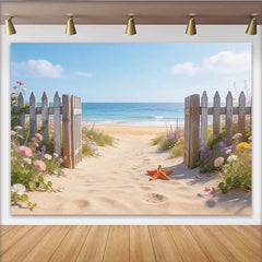 Lofaris Toile de fond de photographie paysage de plage avec clôture en bois et fleurs, arrière-plan estival pour studio photo