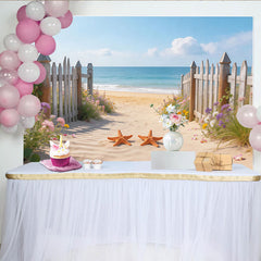 Lofaris Toile de fond de photographie paysage de plage avec clôture et fleurs, arrière-plan estival avec océan et étoiles de mer