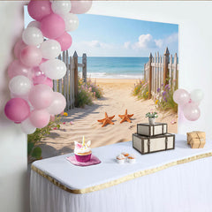 Lofaris Toile de fond de photographie paysage de plage avec clôture et fleurs, arrière-plan estival avec océan et étoiles de mer