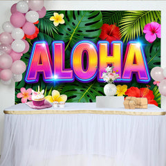 Lofaris Toile de fond tropicale Aloha, fleurs exotiques et feuilles, arrière-plan vibrant pour studio photo et décoration de fête