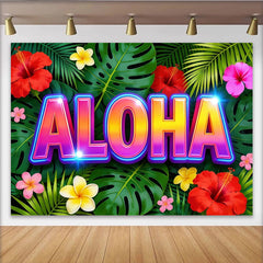 Lofaris Toile de fond tropicale Aloha, fleurs exotiques et feuilles, arrière-plan vibrant pour studio photo et décoration de fête