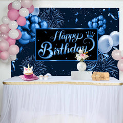 Lofaris Toile de fond joyeux anniversaire bleue avec ballons et feux d'artifice, magnifique arrière-plan de fête pour célébration