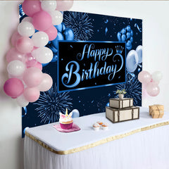Lofaris Toile de fond joyeux anniversaire bleue avec ballons et feux d'artifice, magnifique arrière-plan de fête pour célébration