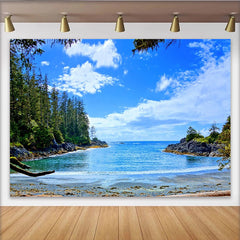 Lofaris Toile de fond de photographie paysage marin avec ciel bleu et forêt verdoyante, arrière-plan naturel pour studio et portrait