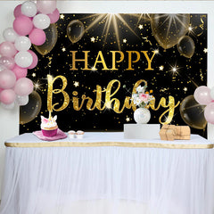 Lofaris Toile de fond joyeux anniversaire noire et or avec paillettes et ballons, magnifique décor de fête pour célébration élégante