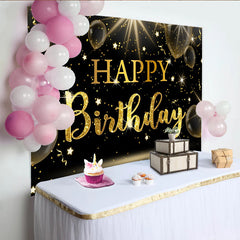 Lofaris Toile de fond joyeux anniversaire noire et or avec paillettes et ballons, magnifique décor de fête pour célébration élégante