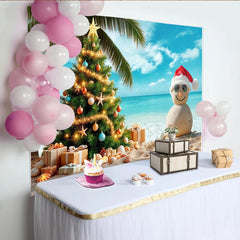 Lofaris Toile de fond de Noël tropicale avec sapin illuminé et bonhomme de sable, magnifique décor de plage pour fête et séance photo