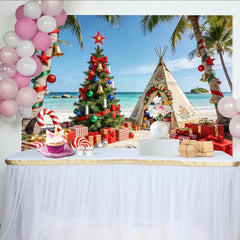 Lofaris Toile de fond de Noël tropicale avec palmier décoré et cadeaux, décor festif pour séance photo de vacances d'hiver