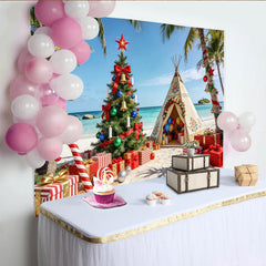 Lofaris Toile de fond de Noël tropicale avec palmier décoré et cadeaux, décor festif pour séance photo de vacances d'hiver