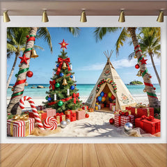 Lofaris Toile de fond de Noël tropicale avec palmier décoré et cadeaux, décor festif pour séance photo de vacances d'hiver