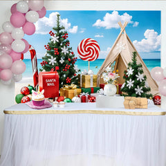 Lofaris Toile de fond de Noël tropicale avec sapins et cadeaux sur la plage, magnifique arrière-plan pour fête de fin d'année et séance photo