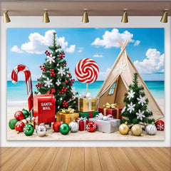 Lofaris Toile de fond de Noël tropicale avec sapins et cadeaux sur la plage, magnifique arrière-plan pour fête de fin d'année et séance photo