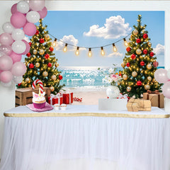 Lofaris Toile de fond de Noël à la plage avec sapins décorés et cadeaux, magnifique arrière-plan pour célébration estivale et séance photo