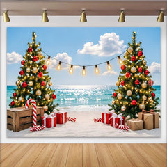 Lofaris Toile de fond de Noël à la plage avec sapins décorés et cadeaux, magnifique arrière-plan pour célébration estivale et séance photo