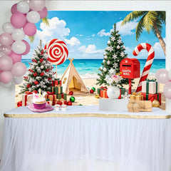 Lofaris Toile de fond de Noël à la plage avec sapins décorés et cadeaux, arrière-plan festif tropical pour photographie et célébrations