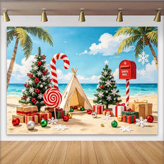 Lofaris Toile de fond de Noël tropicale avec plage, palmiers et sapins décorés, arrière-plan pour fêtes de fin d'année et studio photo