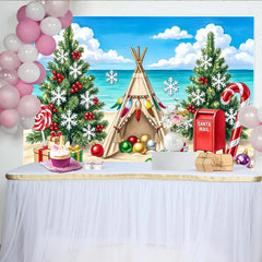 Lofaris Toile de fond de Noël sur la plage avec sapins et tipi, arrière-plan festif avec cadeaux et flocons pour studio photo