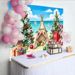 Lofaris Toile de fond de Noël sur la plage avec sapins et tipi, arrière-plan festif avec cadeaux et flocons pour studio photo