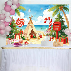 Lofaris Toile de fond de Noël sur la plage avec palmiers et cadeaux, arrière-plan festif pour studio photo et événements