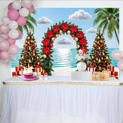 Lofaris Toile de fond de Noël tropical avec palmiers, sapins et cadeaux, élégant décor de plage pour célébration de fin d'année
