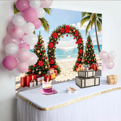 Lofaris Toile de fond de Noël tropicale avec palmiers, poinsettias et cadeaux, magnifique décor de plage festif pour photographie de vacances