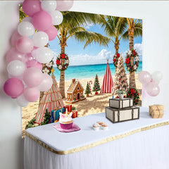 Lofaris Toile de fond de Noël tropicale sur la plage avec palmiers et sapins, arrière-plan festif pour studio photo et fêtes de fin d'année