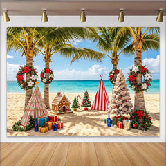 Lofaris Toile de fond de Noël tropicale sur la plage avec palmiers et sapins, arrière-plan festif pour studio photo et fêtes de fin d'année