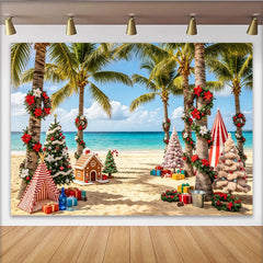 Lofaris Toile de fond de Noël tropicale avec palmiers et maison en pain d'épices, magnifique arrière-plan de plage pour fête et séance photo