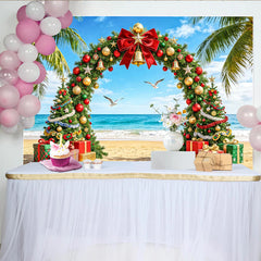 Lofaris Toile de fond de Noël sur la plage avec arche festive et cadeaux, magnifique arrière-plan tropical pour studio photo