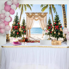 Lofaris Toile de fond de Noël tropicale avec palmiers et décorations rouges et or, magnifique arrière-plan de plage pour studio photo et fête