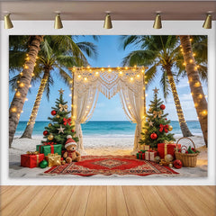Lofaris Toile de fond de Noël tropicale avec palmiers et arche lumineuse, magnifique arrière-plan pour décor de fête et séance photo