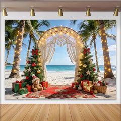 Lofaris Toile de fond de Noël tropicale avec palmiers et arche macramé illuminée, arrière-plan de fête pour studio photo et événements