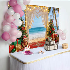 Lofaris Toile de fond de Noël sur la plage avec sapins décorés et cadeaux, magnifique décor tropical pour célébration de fin d'année