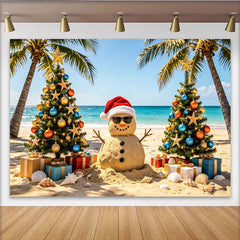 Lofaris Toile de fond de Noël tropicale avec bonhomme de neige de sable, décor festif pour studio photo et célébrations d'hiver