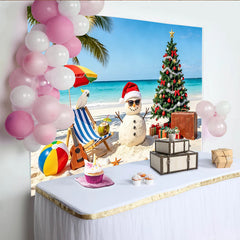 Lofaris Toile de fond de Noël tropicale avec bonhomme de neige et palmier, arrière-plan de plage pour fête et studio photo