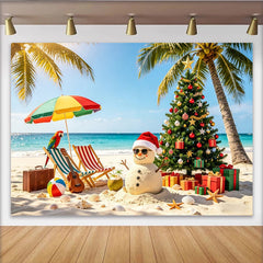 Lofaris Toile de fond de Noël tropicale sur la plage, avec bonhomme de neige et cadeaux, magnifique décor estival pour fêtes et séances photo
